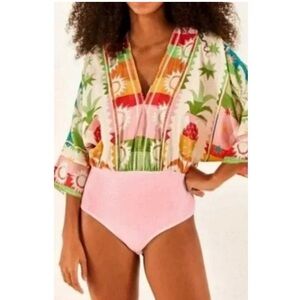 Farm Rio Rainbow Sunset bodysuit top kimono sleeves Size M pls read